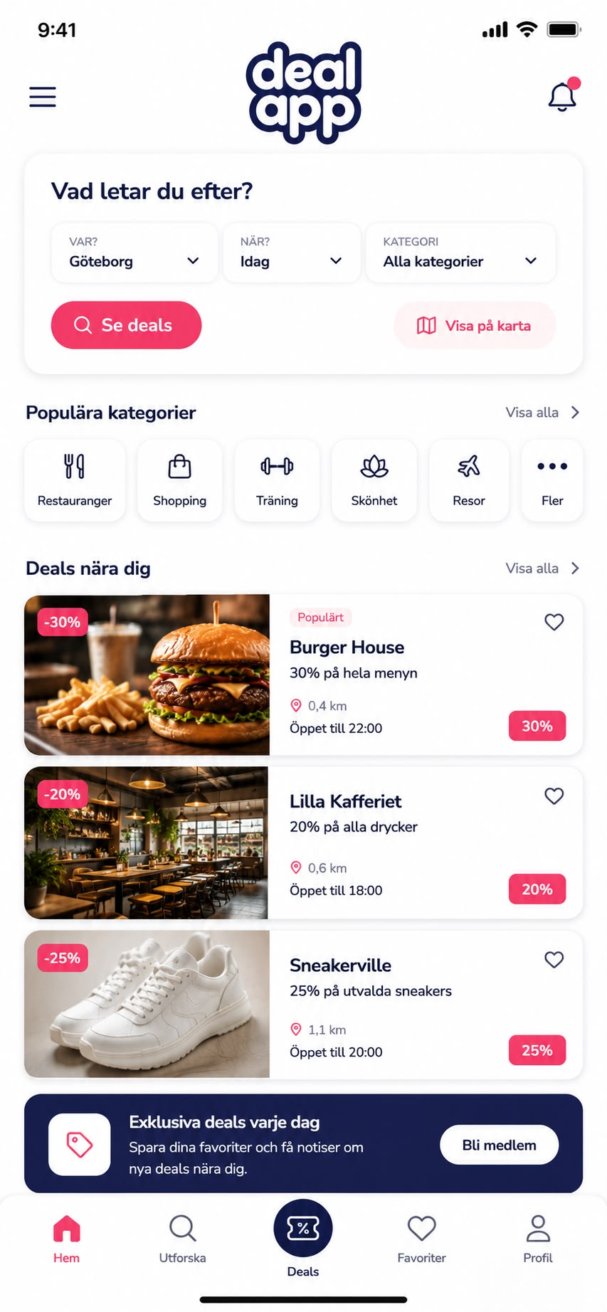 DealApp startsida med deals nära dig