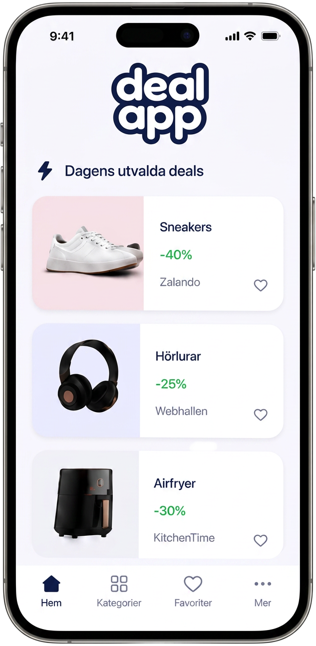 DealApp visad i en mobil med dagens utvalda erbjudanden